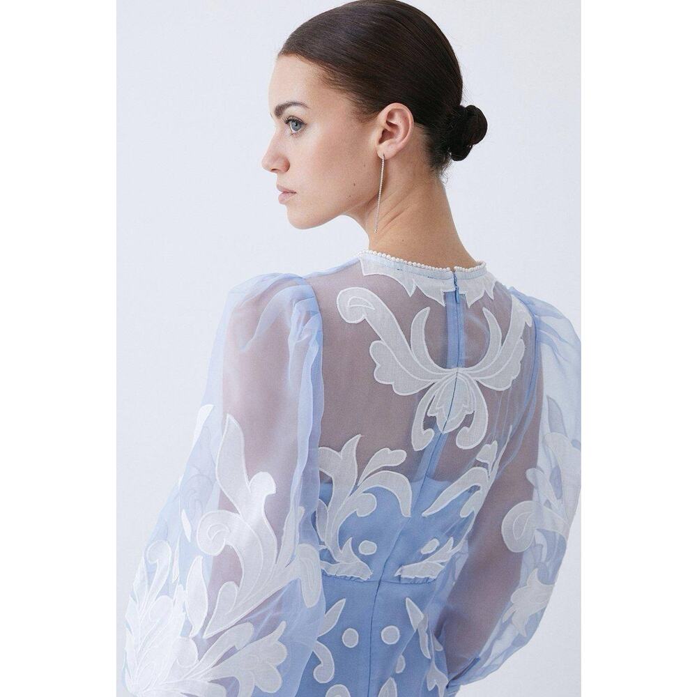 NWT Karen Millen Blue Applique Organza Buttoned Midi Dress Balloon Sleeves 12 - Picture 3 of 8